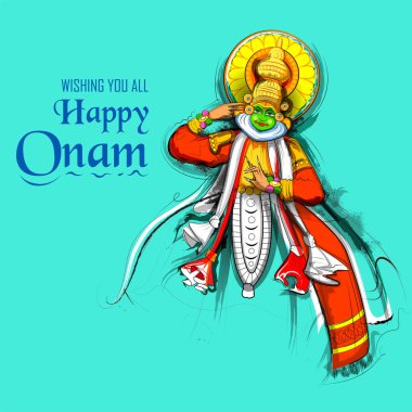 Güney Hindistan Kerala Mutlu Onam Festivali için arka planda Kathakali dansçısı