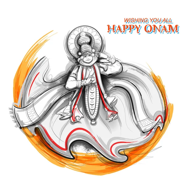 Bailarina Kathakali en el fondo para el festival Happy Onam del sur de la India Kerala — Vector de stock