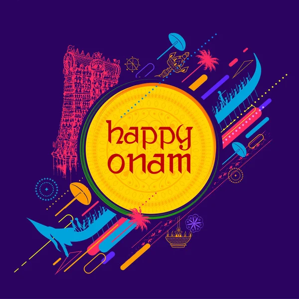 Ballerino Kathakali sullo sfondo per il festival Happy Onam del Kerala dell'India meridionale — Vettoriale Stock
