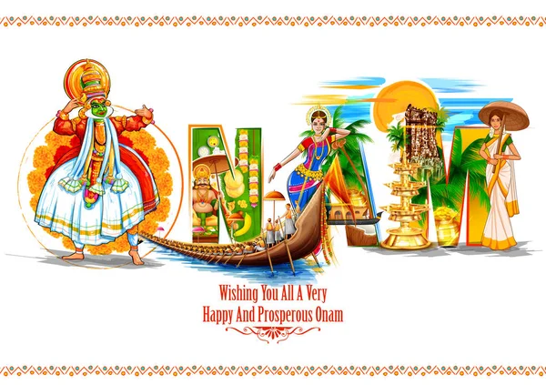 Kathakali táncos a háttérben Happy Onam fesztivál Dél-India Kerala — Stock Vector