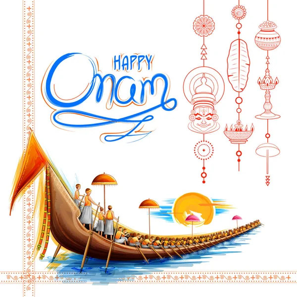 Carrera de Snakeboat en el fondo de la celebración de Onam para el festival Happy Onam del sur de la India Kerala — Vector de stock