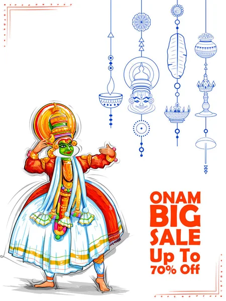 Kathakali bailarina en la publicidad y la promoción de fondo para el festival Happy Onam del sur de la India Kerala — Vector de stock