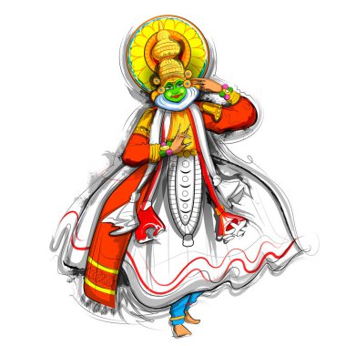 Güney Hindistan Kerala Mutlu Onam Festivali için arka planda Kathakali dansçısı