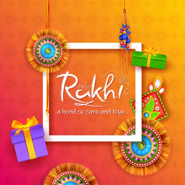 Karta okolicznościowa z dekoracyjnym Rakhi na tle Raksha Bandhan — Wektor stockowy