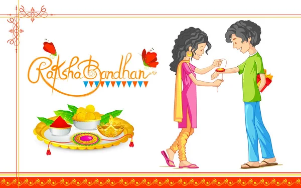 Hermano y hermana atando rakhi en Raksha Bandhan, festival indio — Vector de stock