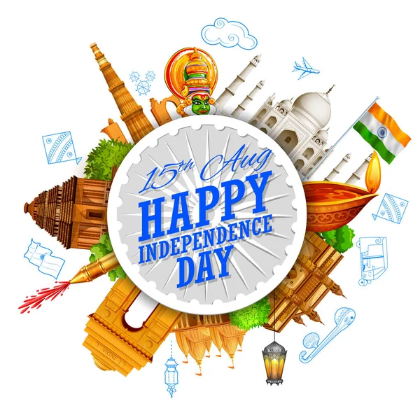 Monumento indio famoso y punto de referencia para el feliz Día de la Independencia de la India — Vector de stock