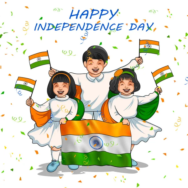 Hindistan bayrağı gururla 15 Ağustos mutlu bağımsızlık günü Hindistan için tutan Hintli çocuk — Stok Vektör