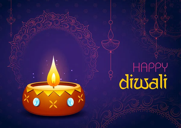 Brennende diya auf happy diwali holiday background für light festival of India — Stockvektor