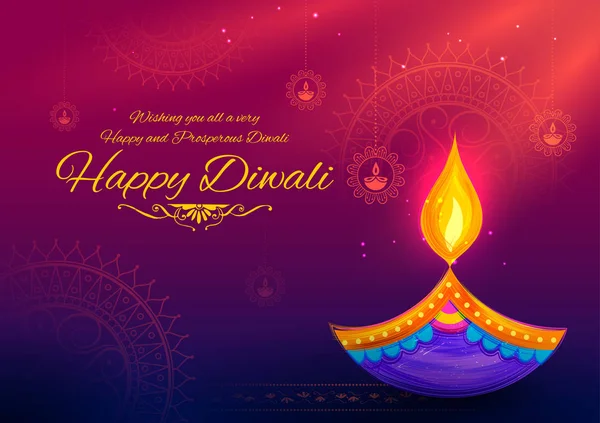 インドの光の祭典のためのハッピー ディワリ祭休日背景に diya を燃焼 — ストックベクタ