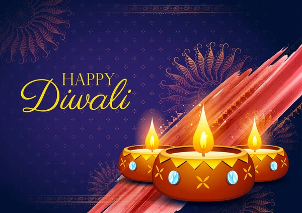Hořící diya na šťastný Diwali Holiday pozadí pro lehké festival Indie — Stockový vektor