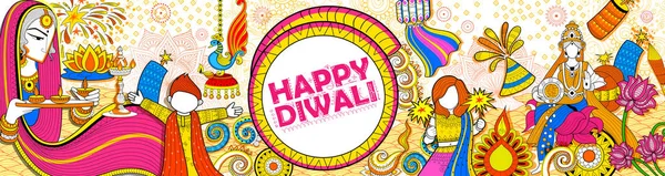 Kid firar happy Diwali Holiday doodle bakgrund för ljus festival i Indien — Stock vektor