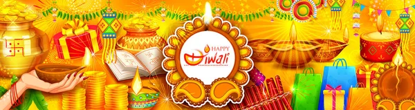 Brennende diya auf happy diwali holiday background für light festival of India — Stockvektor