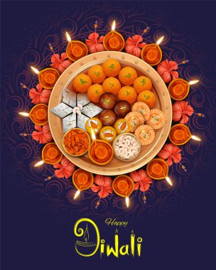 Diya çeşitli sweet ile yanan ve Hindistan'ın ışık Festivali için Happy Diwali Holiday arka plan üzerinde snack