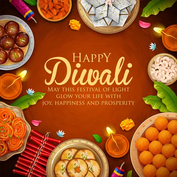 Queimando diya com sortido doce e lanche no fundo Happy Diwali Holiday para festival de luz da Índia —  Vetores de Stock