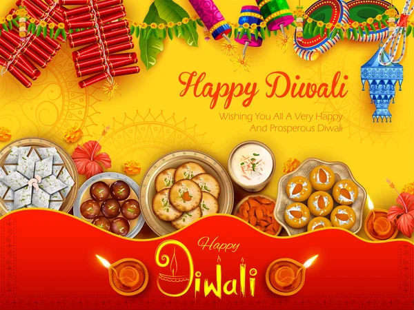 Burning diya med blandade söta och mellanmål på Happy Diwali Holiday bakgrund för ljus festival i Indien — Stock vektor