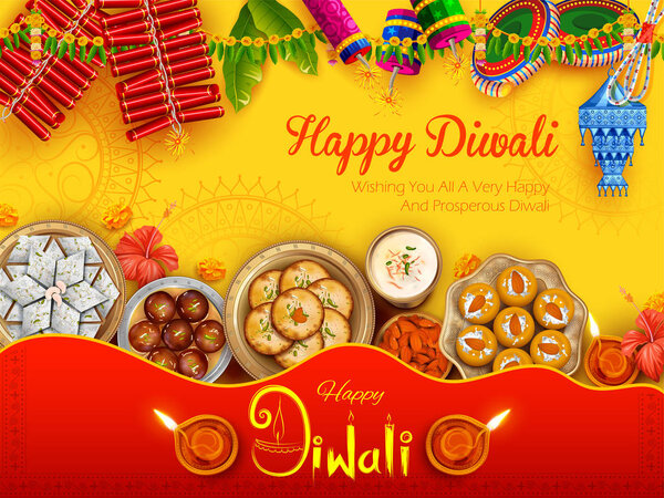 Burning diya with assorted sweet and snack on Happy Diwali Holiday background for light festival of India