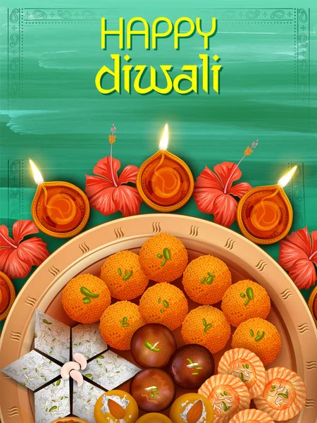 Burning diya with assorted sweet and snack on Happy Diwali Holiday background for light festival of India — Stock Vector