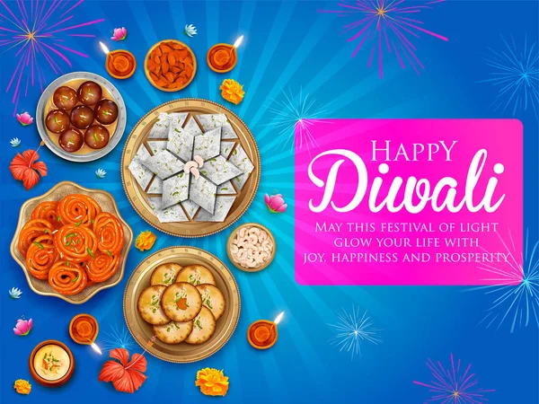 Burning diya con surtido de dulces y aperitivos en Happy Diwali Fondo de vacaciones para el festival de la luz de la India — Archivo Imágenes Vectoriales
