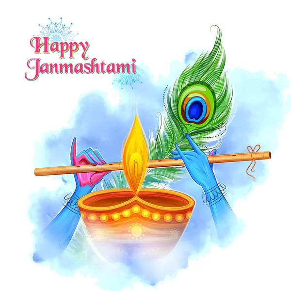 Pán Krišna hraje flétna bansuri v Happy Janmashtami festivalu pozadí z Indie — Stockový vektor