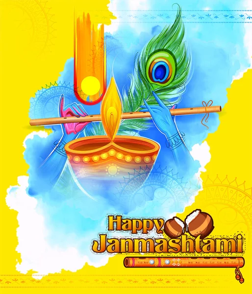 Lord Krishna tocando flauta bansuri no fundo do festival Happy Janmashtami da Índia — Vetor de Stock
