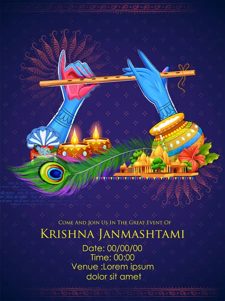 El Señor Krishna tocando la flauta bansuri en el fondo del festival Happy Janmashtami de la India — Vector de stock