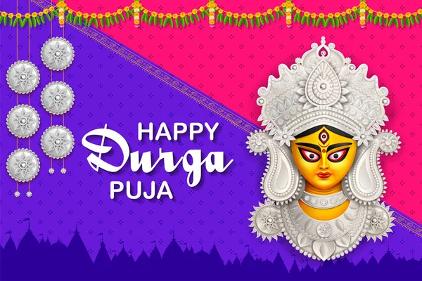 Dea Durga Faccia in Felice Durga Puja Subh Navratri sfondo — Vettoriale Stock