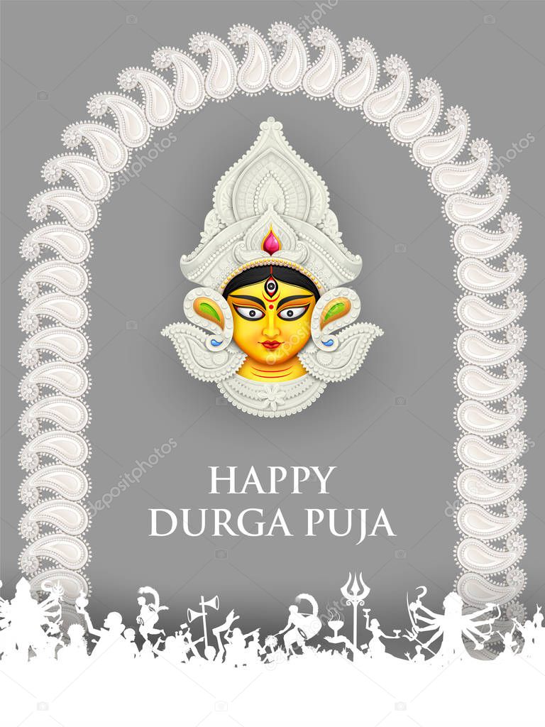 Goddess Durga Face in Happy Durga Puja Subh Navratri background