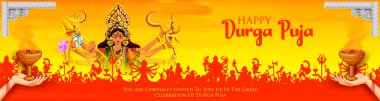 Tanrıça Durga yüz mutlu Durga Puja Subh Navratri arka planda