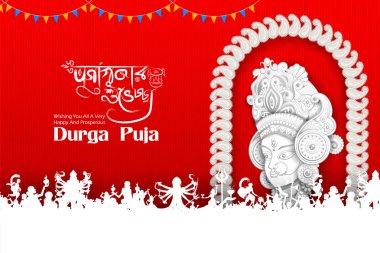Tanrıça Durga yüz mutlu Durga Puja arka planda