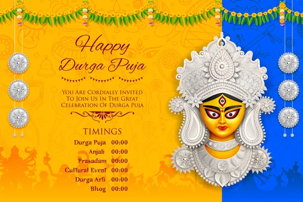 Gudinnan Durga ansikte i Happy Durga Puja Subh Navratri bakgrund — Stock vektor