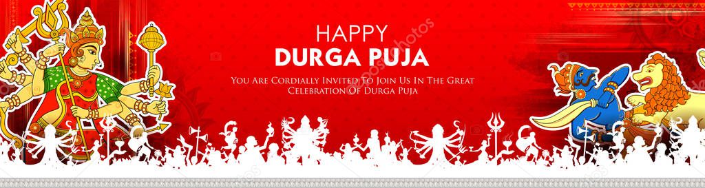 Goddess Durga Face in Happy Durga Puja Subh Navratri background