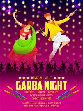 disko Garba gece poster Navratri Dussehra festival Hindistan için Dandiya oynayan çift çizimi