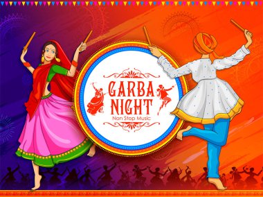 Disko Garba gece poster Navratri Dussehra festival Hindistan için Dandiya oynayan Çift