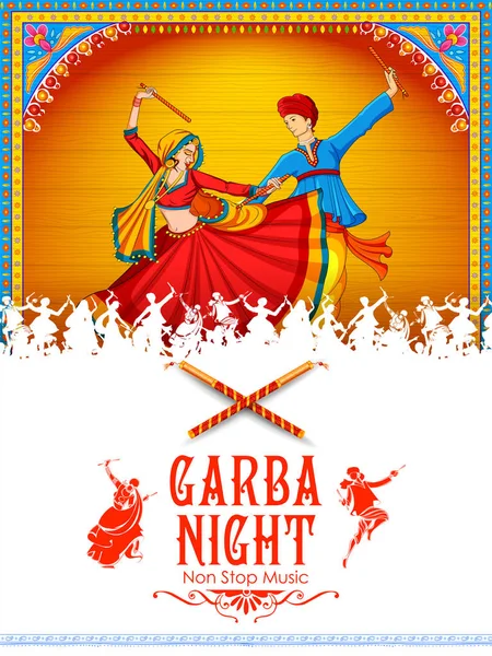 Coppia suonare Dandiya in discoteca poster Garba Night per Navratri Dussehra festival of India — Vettoriale Stock