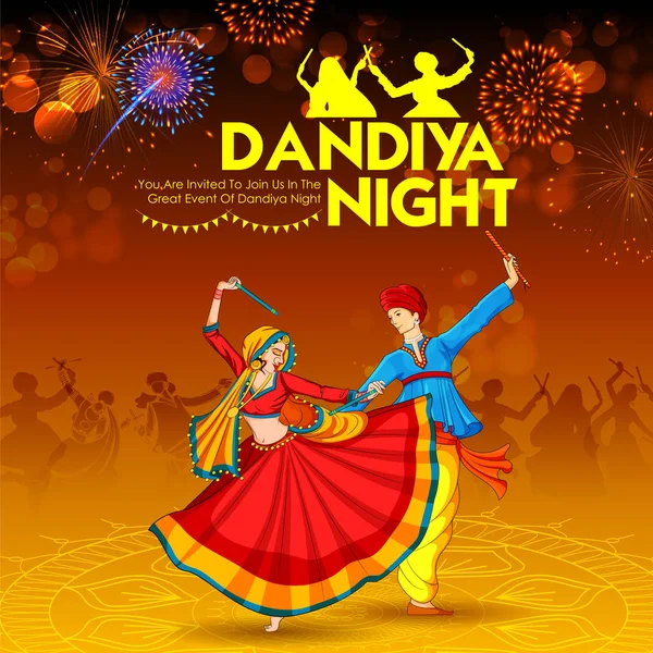 Coppia suonare Dandiya in discoteca poster Garba Night per Navratri Dussehra festival of India — Vettoriale Stock