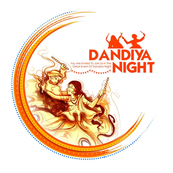Pareja jugando Dandiya en discoteca Garba Cartel nocturno para Navratri Dussehra festival de la India — Archivo Imágenes Vectoriales