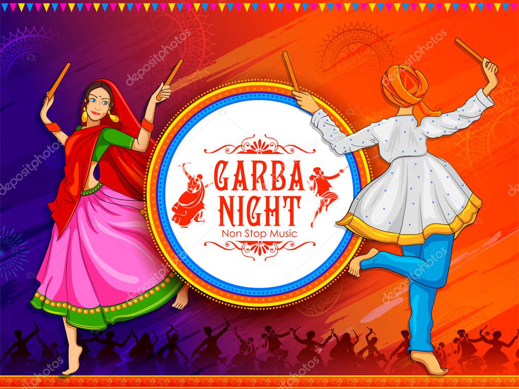 Couple playing Dandiya in disco Garba Night poster for Navratri Dussehra festival of India