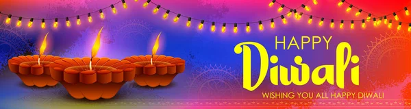 Branden van diya op Gelukkige Diwali Holiday achtergrond voor licht festival van India — Stockvector