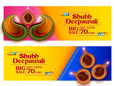 Hindistan'ın ışık Festivali için mutlu Diwali tatil satış promosyon reklam arka plan üzerinde diya yanan