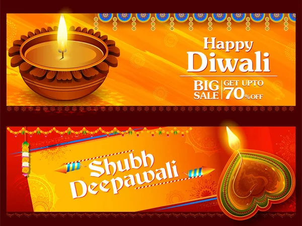 Κάψιμο diya στο ευτυχισμένο Diwali διακοπών πώληση προώθηση διαφήμιση υπόβαθρο για φωτός Φεστιβάλ της Ινδίας — Διανυσματικό Αρχείο