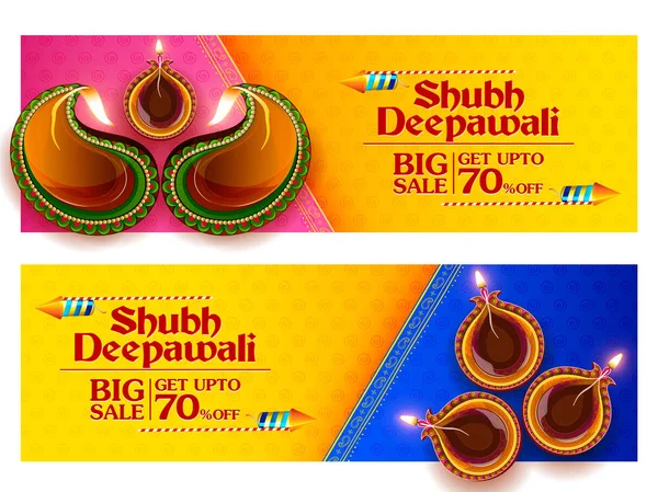 Κάψιμο diya στο ευτυχισμένο Diwali διακοπών πώληση προώθηση διαφήμιση υπόβαθρο για φωτός Φεστιβάλ της Ινδίας — Διανυσματικό Αρχείο