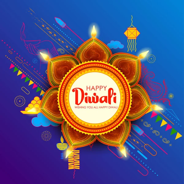 Burning diya on Happy Diwali Holiday background for light festival of India — Stock Vector