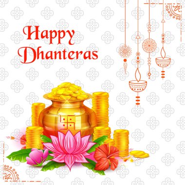 Gold coin in pot for Dhanteras celebration on Happy Dussehra light festival of India background clipart