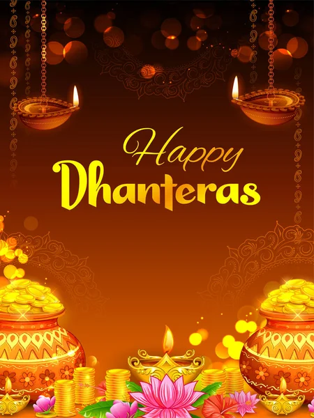 Hindistan arka plan Dhanteras kutlama mutlu Dussehra ışık Festivali için tencerede altın sikke — Stok Vektör