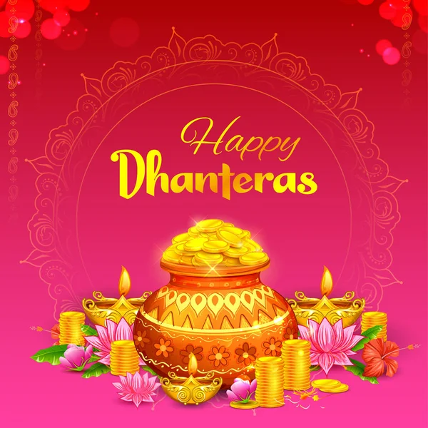 Zlatá mince v hrnci Dhanteras oslavu na Happy Dussehra světelný festival Indie pozadí — Stockový vektor