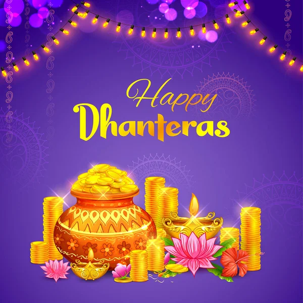 Moneta d'oro in vaso per la celebrazione Dhanteras su sfondo Happy Dussehra light festival of India — Vettoriale Stock