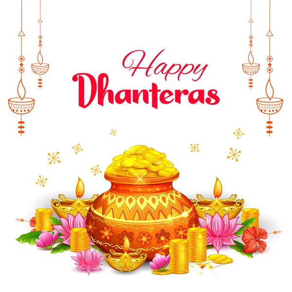 Moneda de oro en maceta para la celebración de Dhanteras en el feliz festival de luz Dussehra de fondo de la India — Archivo Imágenes Vectoriales