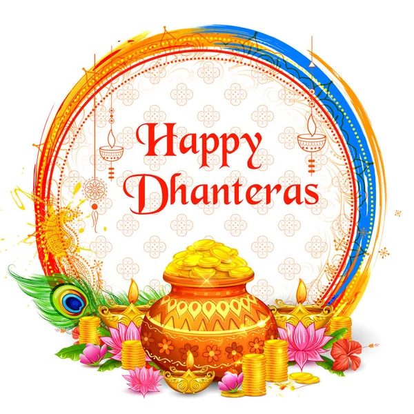 Moneta d'oro in vaso per la celebrazione Dhanteras su sfondo Happy Dussehra light festival of India — Vettoriale Stock