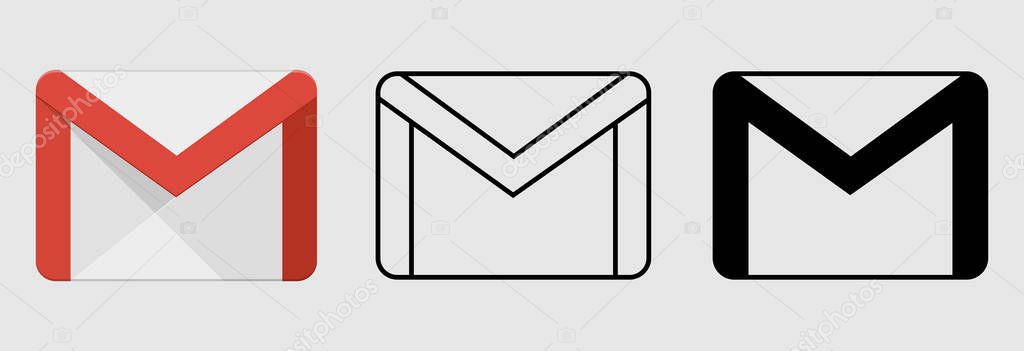 Illustrative editorial of social media icon set for Gmail in different style