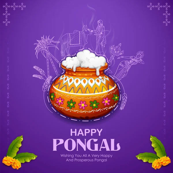 Feliz Pongal Holiday Harvest Festival de Tamil Nadu Sul da Índia saudação fundo — Vetor de Stock